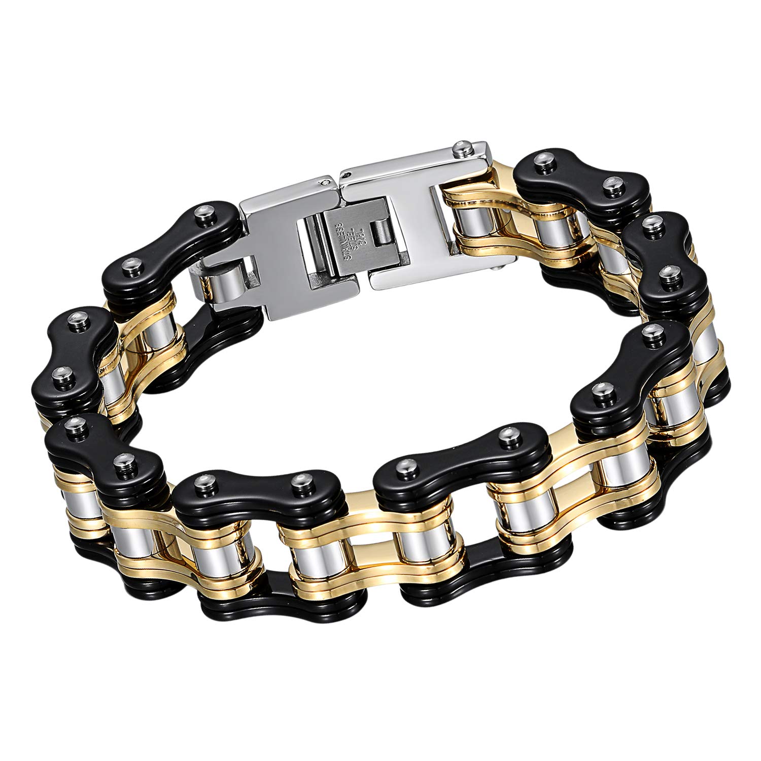 Cupimatch Mens Heavy 16mm Wide Biker Bracelet, Stainless Steel Motorcycle Chain Bangle 8.6 inch,Silvergold