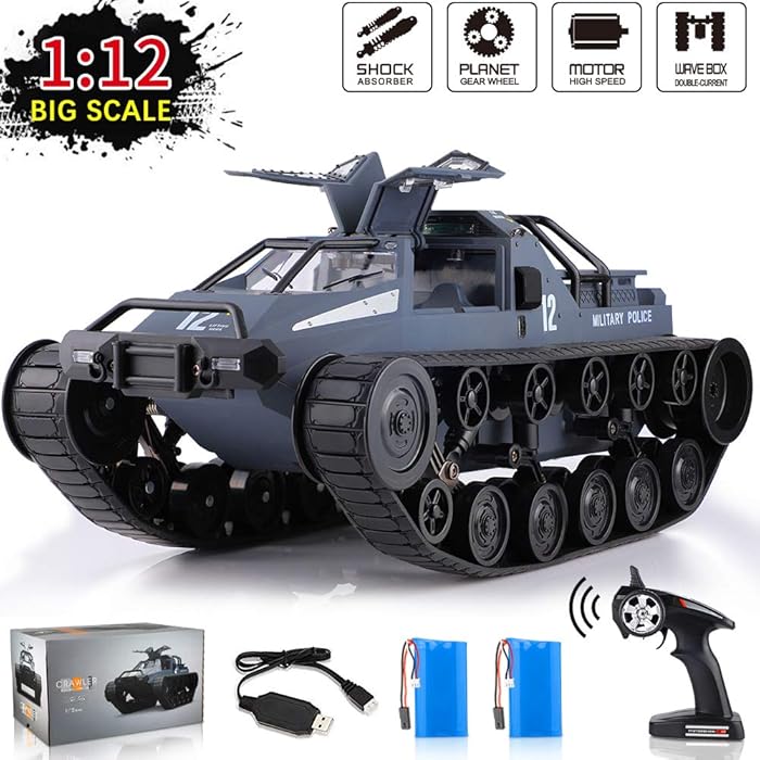 1:12 Scale Remote Control Police Tank Car - RC Trucks Off-Road, All Terrain Vehicle, 360&deg;Rolling Flip, 4WD High Speed, 2.4Ghz Radio Controller, Electric Toy Car Gift for Boys and Adults