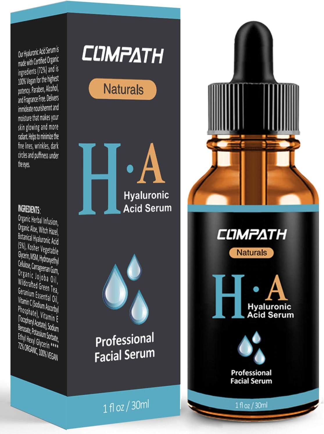 Hyaluronic Acid Serum, COMPATH Anti-Aging & Moisturizing Hyaluronic Acid Serum with Natural Vitamin C, Vitamin E & Botanical Hyaluronic Acid for Dry, Dull Skin, Acne, Wrinkles and Spots - 1 fl oz
