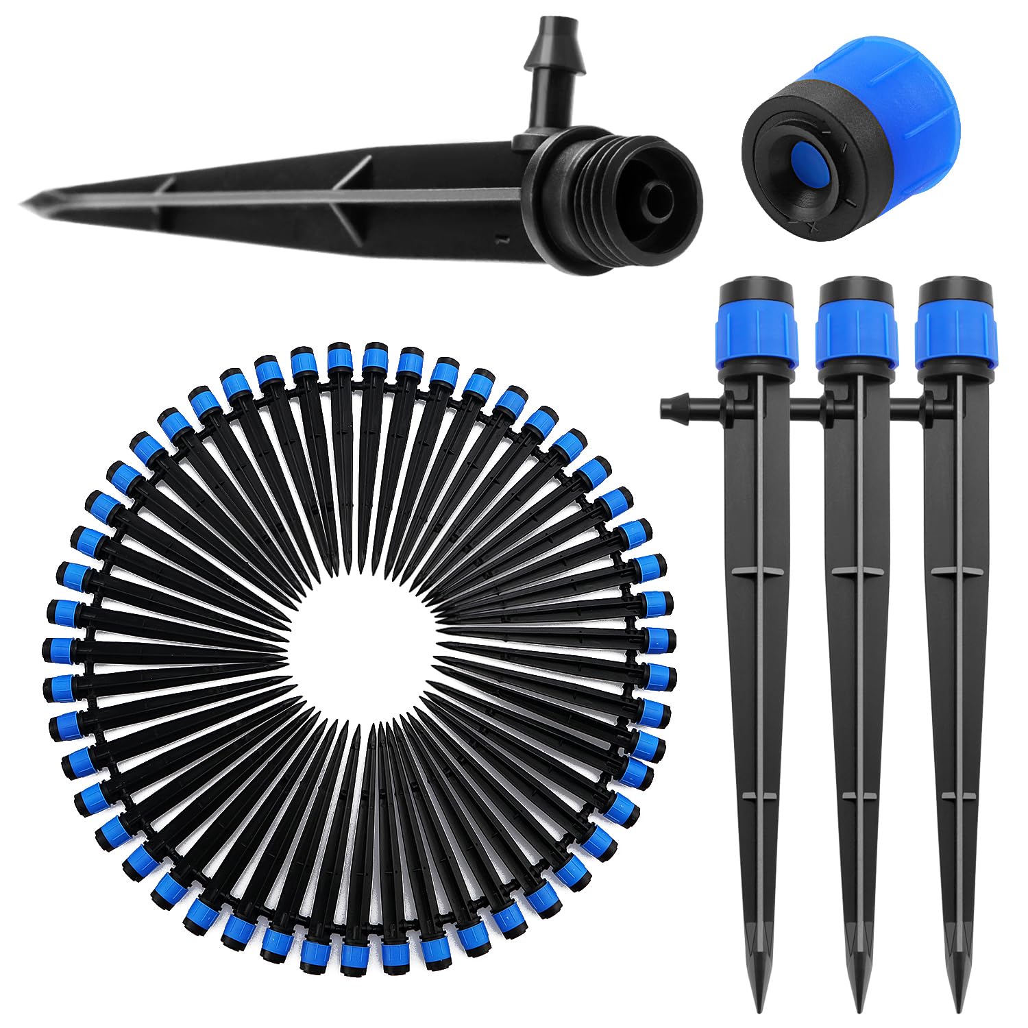 VooGenzek 50 PCS 360 Degree Adjustable Irrigation Dripper Sprinkler, Micro Stake Emitter Dripper with Barbed Connector for 4/7 mm Garden Hose Irrigation System, Water Flow Stake Emitter, Blue