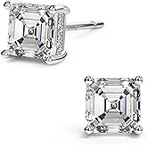 18K White Gold Plated Sterling Silver Asscher Cut Cubic Zirconia Stud Earrings for Women Men | Square CZ Stud Earrings Simulated Diamond Earrings Studs