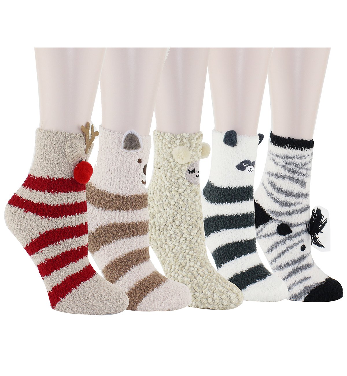 Happypop Women Girls Slipper Socks Cute Animals Fuzzy Crew Winter Warm Socks Thermal Socks (5 Pack-Animals)