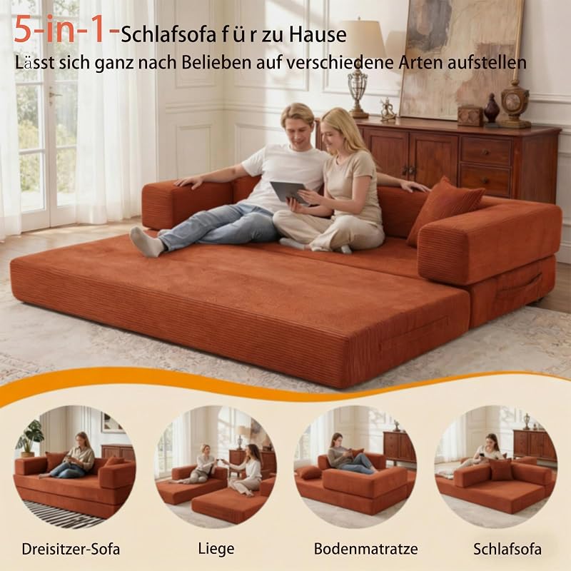 rahmenloses Sofa, 160 cm, mit Schaumstoff und Federn, für Schlafzimmer, Orange