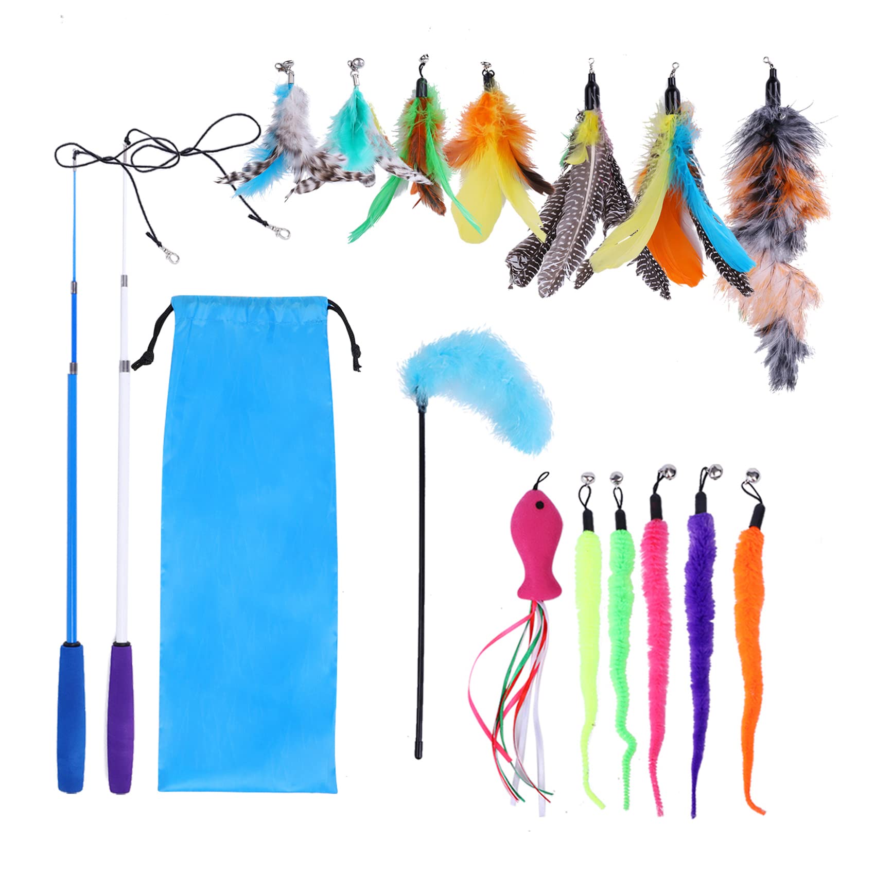 Toozey Feather Toys, Cat Toys with 2 Pcs Retractable Interactive Cat Rods and 13 Pcs Feather/Bug/Fish Replacement with Bells, Feather Dangler Toys with Storage Bag