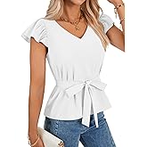 LYANER Women's Ruffle Cap Sleeve V Neck Tie Belt Dressy Casual Work Blouse Top Shirt
