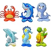6PCS Standing Sea Animal Aluminum Foil Balloons, Shark Crab Seahorse Dolphin Turtle Seal Shape Balloons Decorations for Kids Birthday Ocean Animal Theme Party