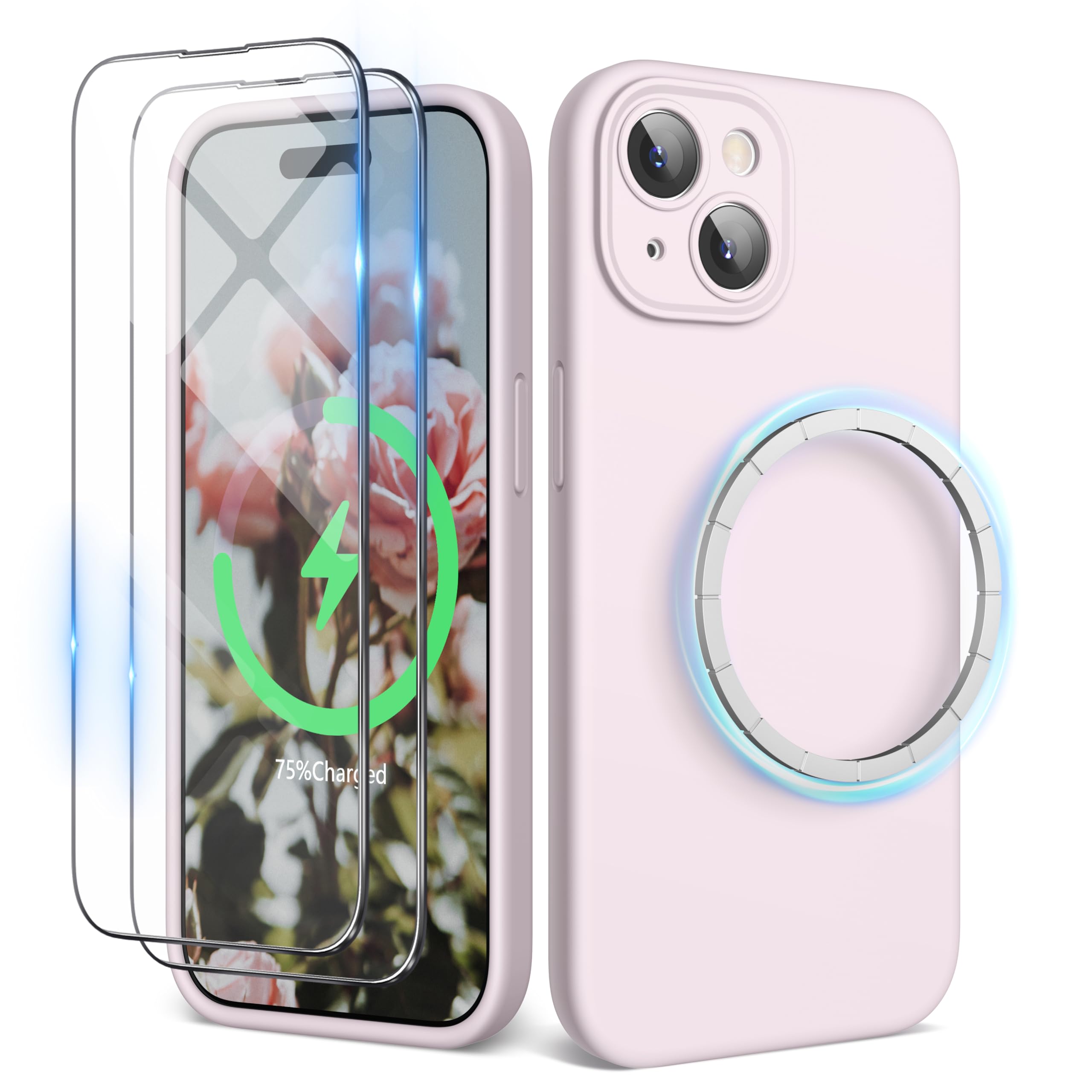 SURPHY Magnetic Case for iPhone 15 Case with Screen Protector, Liquid Silicone Anti-Scratch Compatible with MagSafe Gel Rubber Phone Case for iPhone 15 6.1 inch, Chalk Pink — image 1