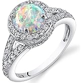 PEORA Created White Fire Opal Ring for Women 925 Sterling Silver, Vintage Halo Design, 1.25 Carats Round Shape 7mm Sizes 5 to 9