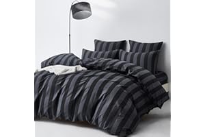 Black Dark Gray Stripe Duvet Cover Set King Size 100% Combed Cotton Timeless Vertical Striped Bedding Set Soft Breathable Twi