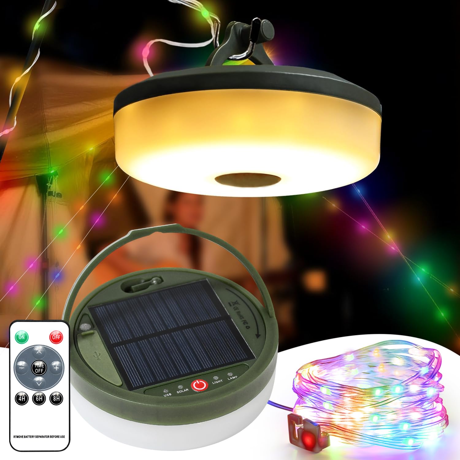 Brillistep Outdoor Solar Camping String Light 10m for Tents Waterproof IP65, Solar Lantern Lamp with 10m RGB String Light for Camping