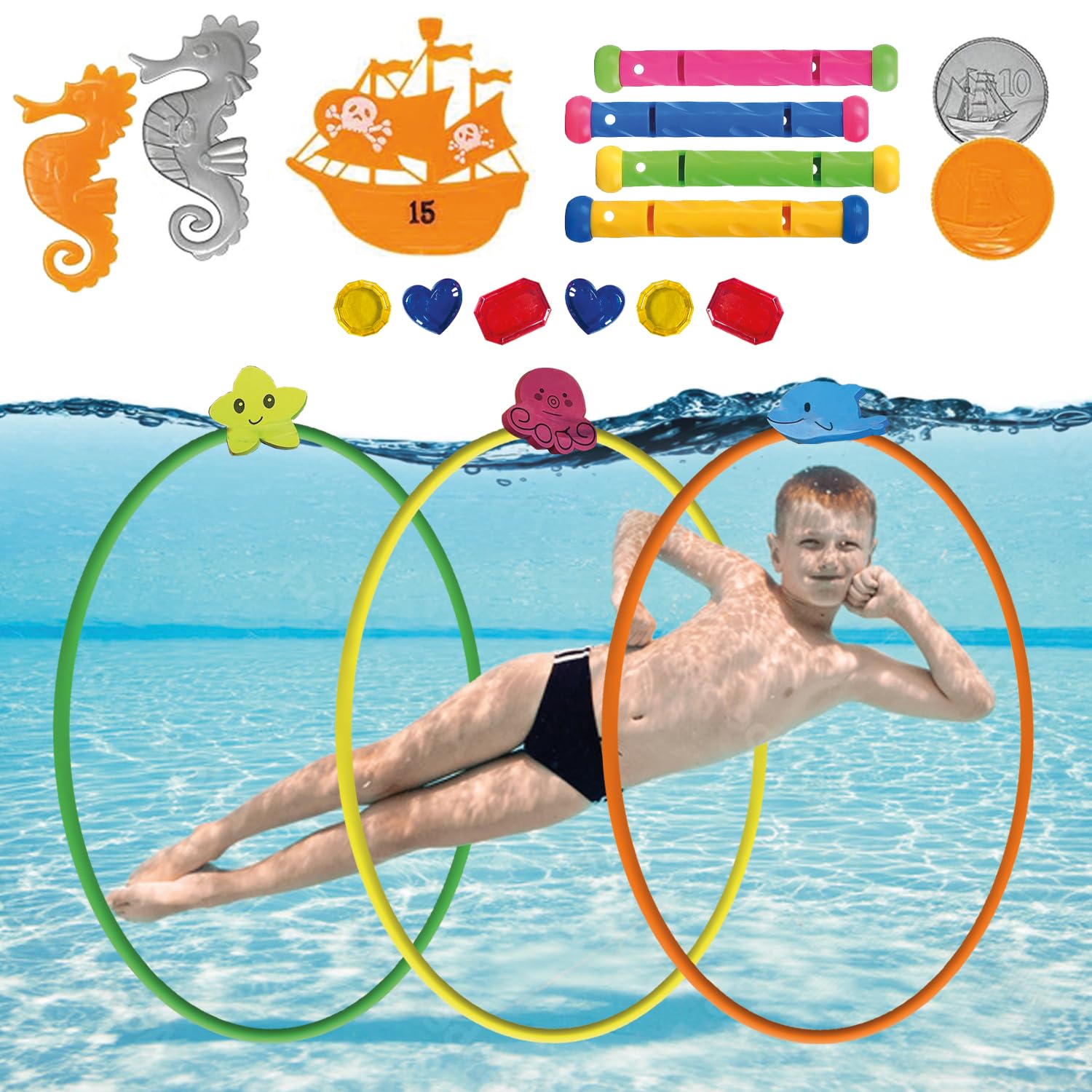 OceanHunt® Underwater Diving Toys | Complete Pool Game Set for Kids | Pirate Treasure Hunt, Rings | Outdoor Activity Games for Children | Water Toy 100% Fun | OriginalCorner®