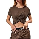 RoseSeek Women's Twist Knot Short Sleeve T Shirts Summer Casual Crew Neck Crop Tops