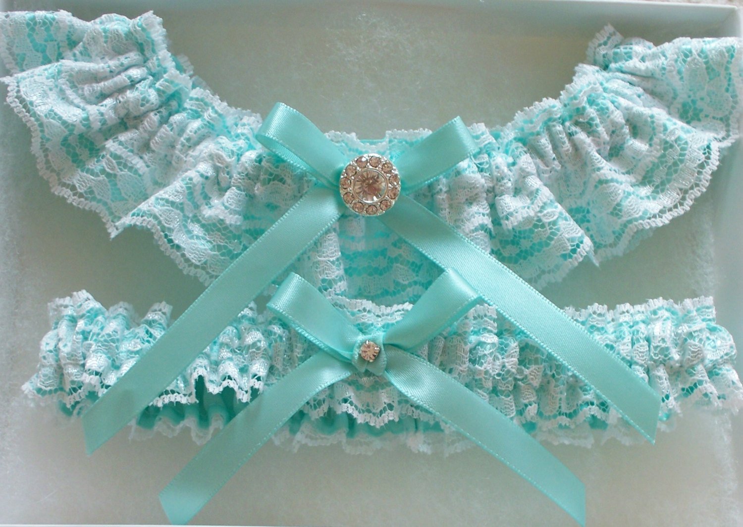 White Lace Garter, Wedding Garter, Aqua Blue Wedding Garter