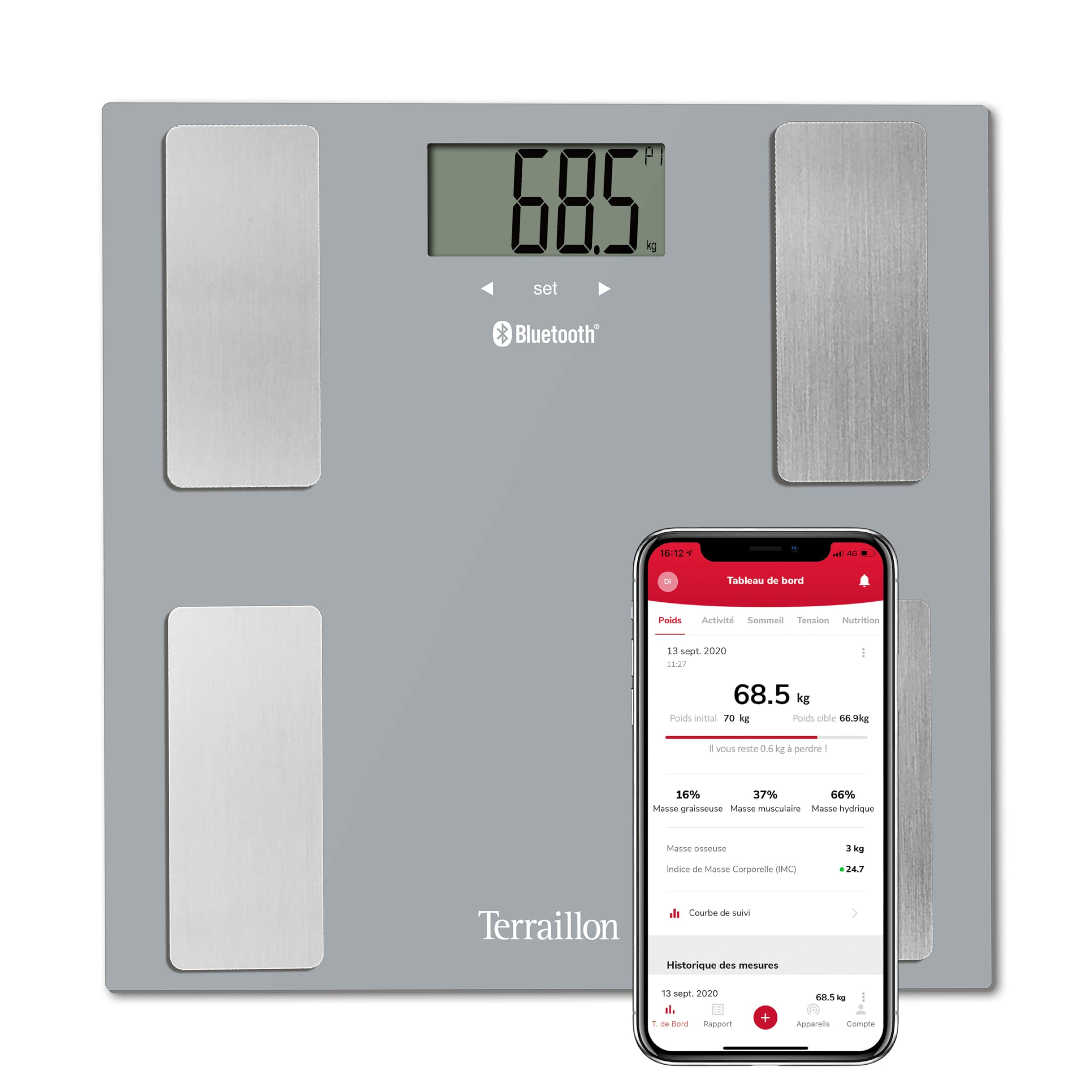 TERRAILLON Smart Connect Bathroom Scales – BMI – 8 Users – Bluetooth Low Energy – Capacity 160 kg – Grey
