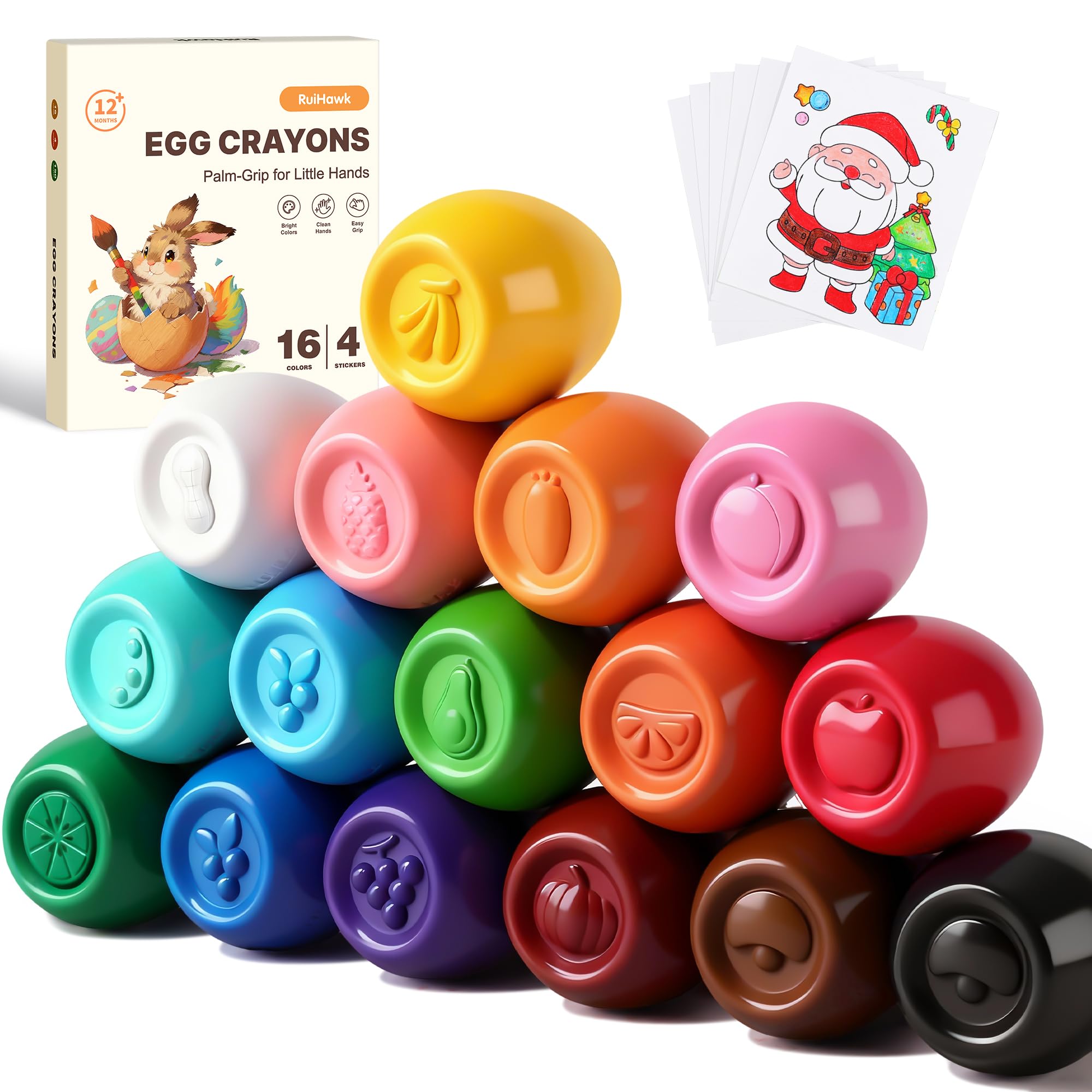 RuiHawk Egg Crayons for Toddlers 1-3, 16 Colors Jumbo Easy-Grip Crayons with Anti-Roll Flat Bottom & Fruit Patterns, Washable, Non-Toxic, Unbreakable Sensory Toys & First Art Supplies Gift for Age 1-3