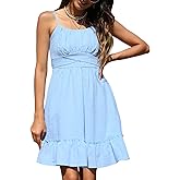ROYLAMP Women's Summer Spaghetti Strap Dress Casual Wrap Sleeveless Backless Ruffle Hem Swing Mini Dresses with Pockets