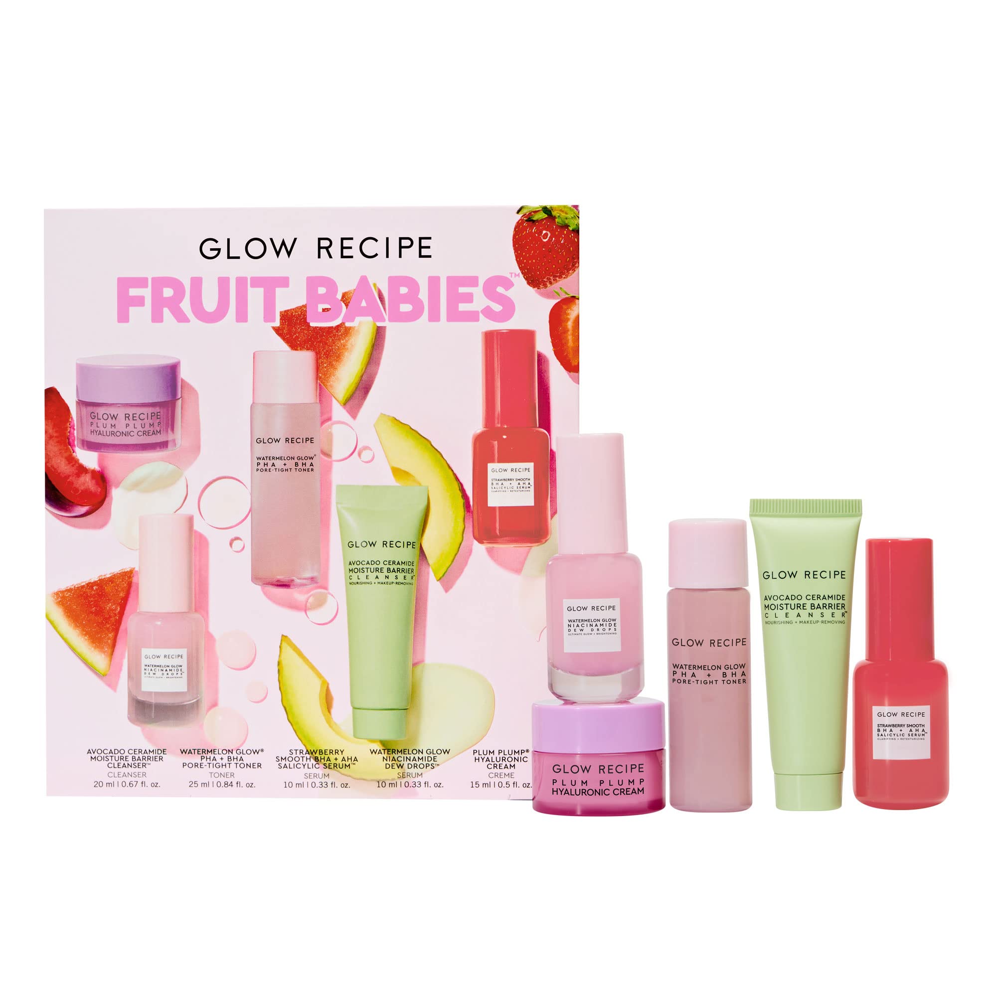 Glow Recipe - Fruit Babies s Kit Mini Travel Size Beauty Essentials Avocado Foam Cleanser, Niacinamide Dew Drops Serum, Pore-Tight Toner, Salicylic Hyaluronic Acid Cream (5 Count), 0.65 pounds