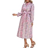 Women Floral Midi Dress Long Sleeve Button Down Shirt Dress with Belt