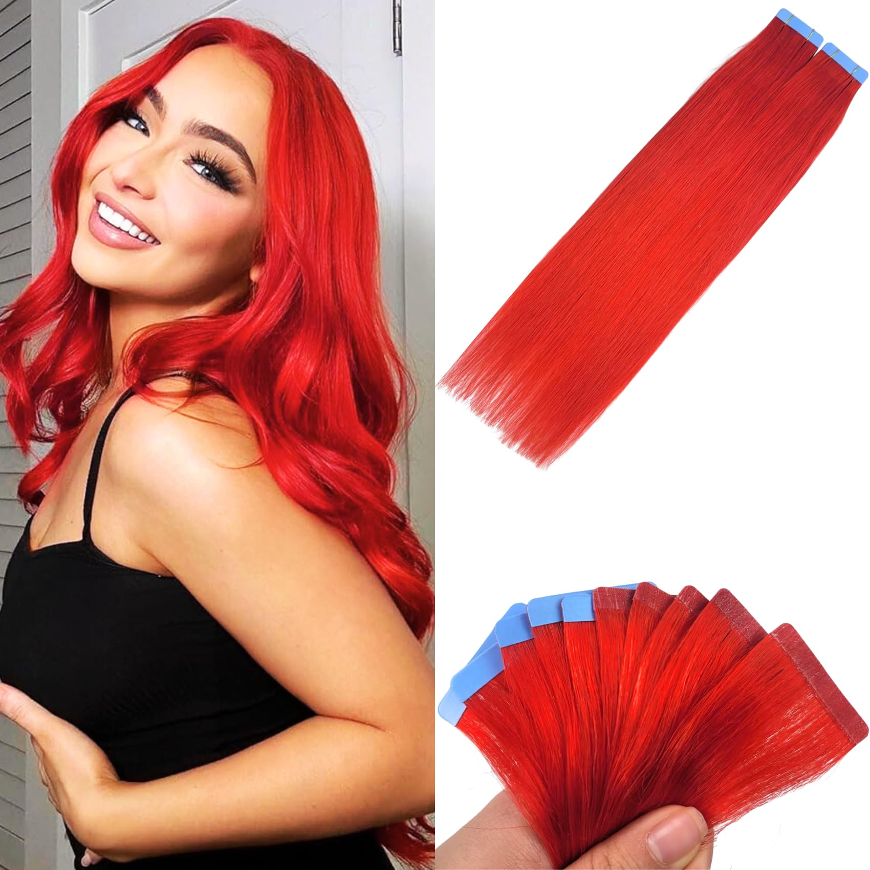Photo 1 of Red Tape in Hair Extensions Human Hair 16 Inch Invisible Tape in Human Hair Extensions Highlighted for Party