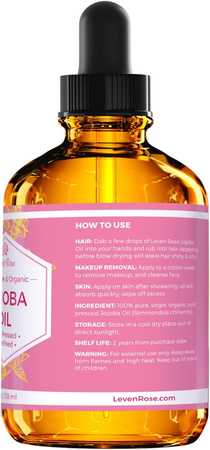 Jojoba Oil by Leven Rose, Pure Cold Pressed Natural Unrefined Moisturizer for Skin Hair Body and Nails 4 oz: Health & Personal Care