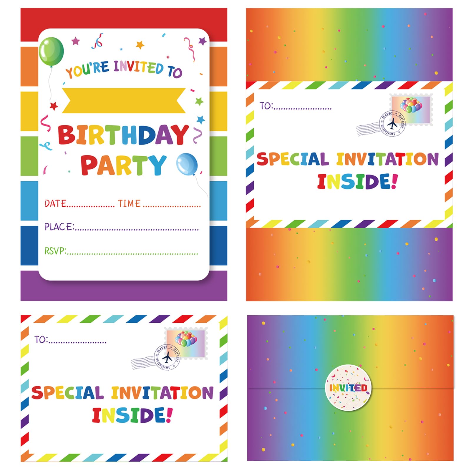 SEDEX 36 Party Invitations Kids, Childrens Girls Birthday Party Invitations Rainbow Invites Cards with Folding Envelope Design and Stickers
