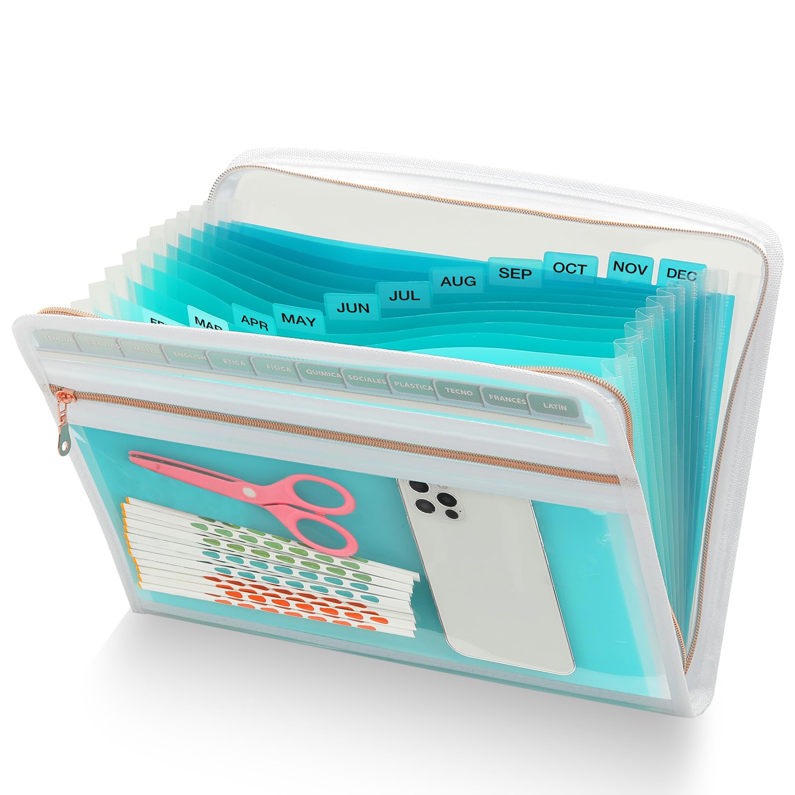 13 Pocket Expanding File Folder Organizer with Front Clear Pounch, Accordion File Organizer with Zipper Clourse, Expandable Filing Folders for Documents, Papers Letter Size, Teal