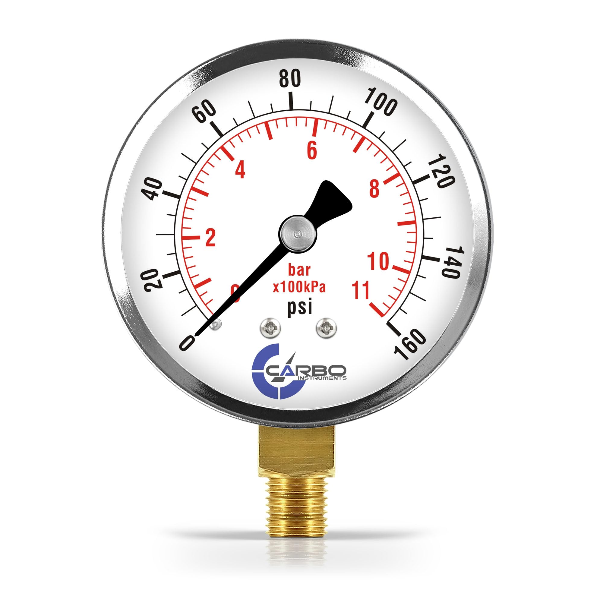 CARBO Instruments 2-1/2" Pressure Gauge, Chrome Plated Steel Case, Dry, 0-160 psi/kPa, Lower Mount 1/4" NPT