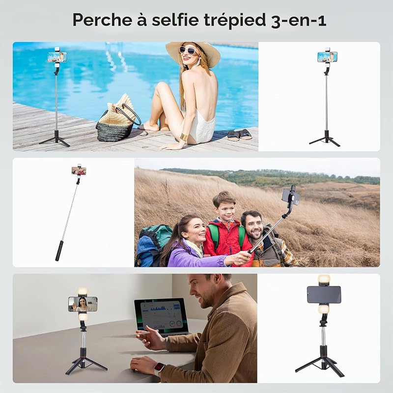 Perche à Selfie Trépied avec 2 Lumières, 116cm Extensible Trepied Smartphone avec Télécommande sans Fil et Vis de 1/4", Trépied Téléphone Portable Compatible avec iPhone/Android/GoPro/Camera