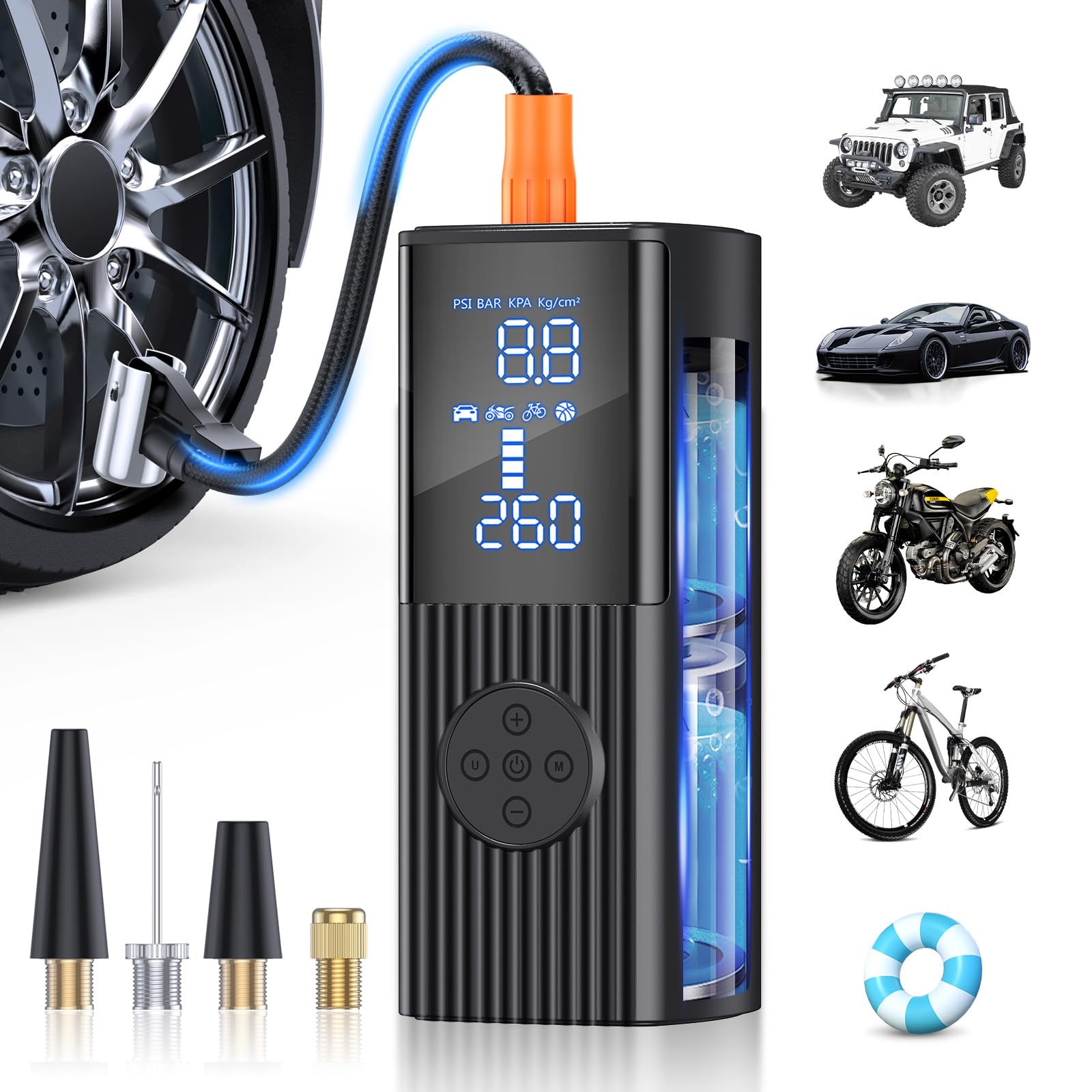 Hafuloky Tire Inflator Portable Air Compressor, 180PSI Cordless Air Pump with Digital Gauge, LED Light and Auto Shut-Off Function, 3X Faster Air Compressor for Car, Motorcycle, Bicycle, Ball Image