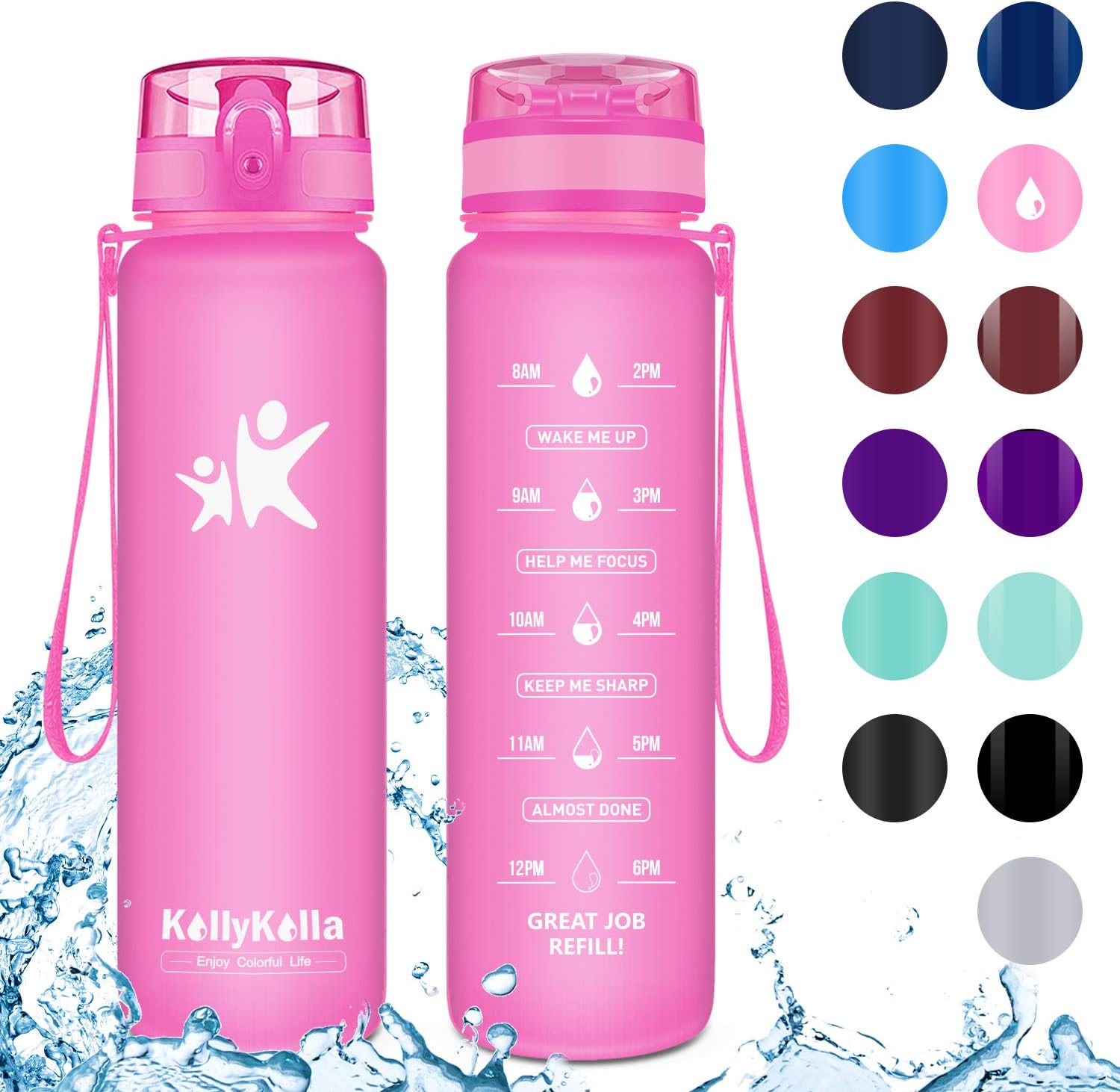 KollyKolla Sports Water Bottle - 350/500/800ml/1L/1.5L, BPA Free Tritan Plastic Eco-Friendly Drink Bottles with Filter & Time Marker, One Click Flip Lid, for Kids, School, Gym, Hiking, Bicycle, Yoga