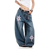 Fullneat Women's Wide Leg Jeans Y2K Retro Streetwear Extra Baggy Denim Pants with Star Patchwork