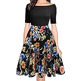oxiuly Women's Vintage Off Shoulder Pockets Casual Floral A-Line Party Cocktail Swing Dress OX232