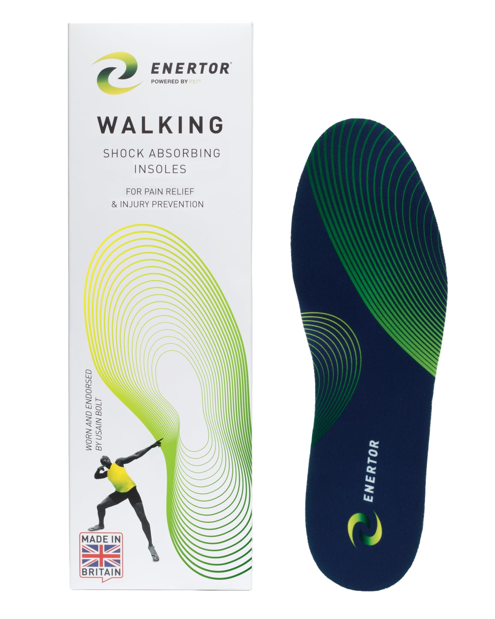 Enertor Ultimate Walking Insoles with PX1 Shock-Absorbing Technology. Relief for: Plantar Fasciitis, Shin Aplints, Achilles Tendonitis, Runners Knee, Foot & Heel Pain