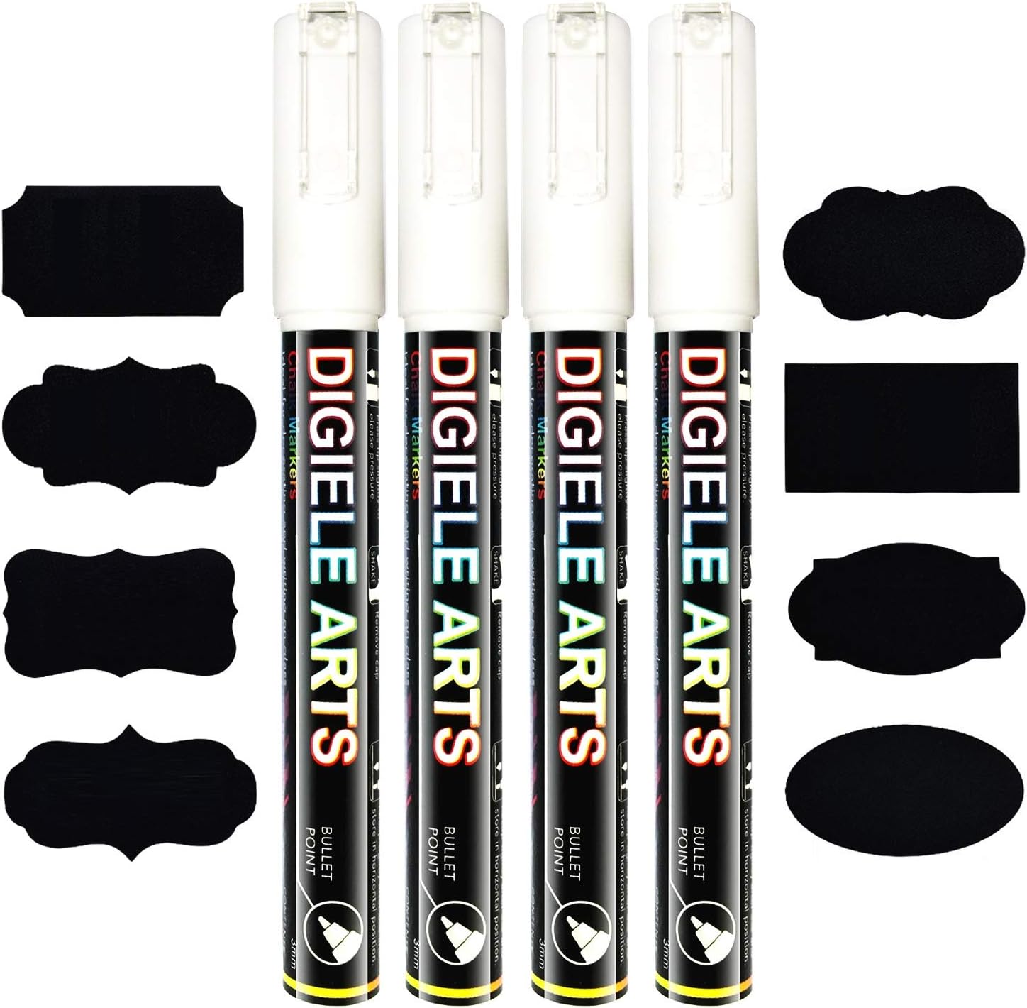 DIGIELEWhite Liquid Chalk Marker Pens, 3mm Chalk Pen Markers, Reversible Bullet or Chisel Tip, Dry or Wet Wipe Erase, Pack of 4 Pens + 16 Labels for Chalkboard, Blackboard, Window, Glass & Mirror