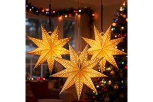 OSALADI 3Pcs Paper Star Lantern Lampshade 9 Pointed Star Hanging Decorations for Christmas New Year Wedding Party Holiday Birthday, 13.78 x 13.78 x 5.12 Inch