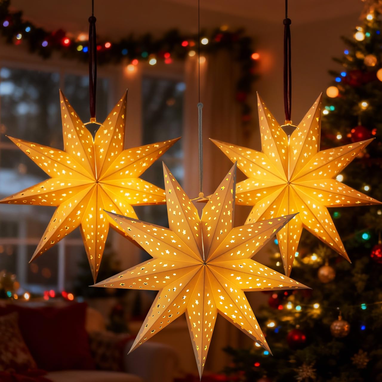 Christmas Star Paper Lights Star Hanging Lantern Christmas Lampshade Paper Ornaments (White)