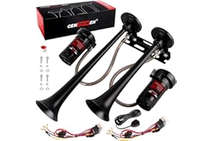 Cenzhiwen Dual Trumpet Metal Air Horn for truck Kit with 2 Compressors-12V 150dB Ultra Loud is suitable for pickup/motorhome/SUV/truck/train Boat-Complete and other vehicles(2 speakers with button)