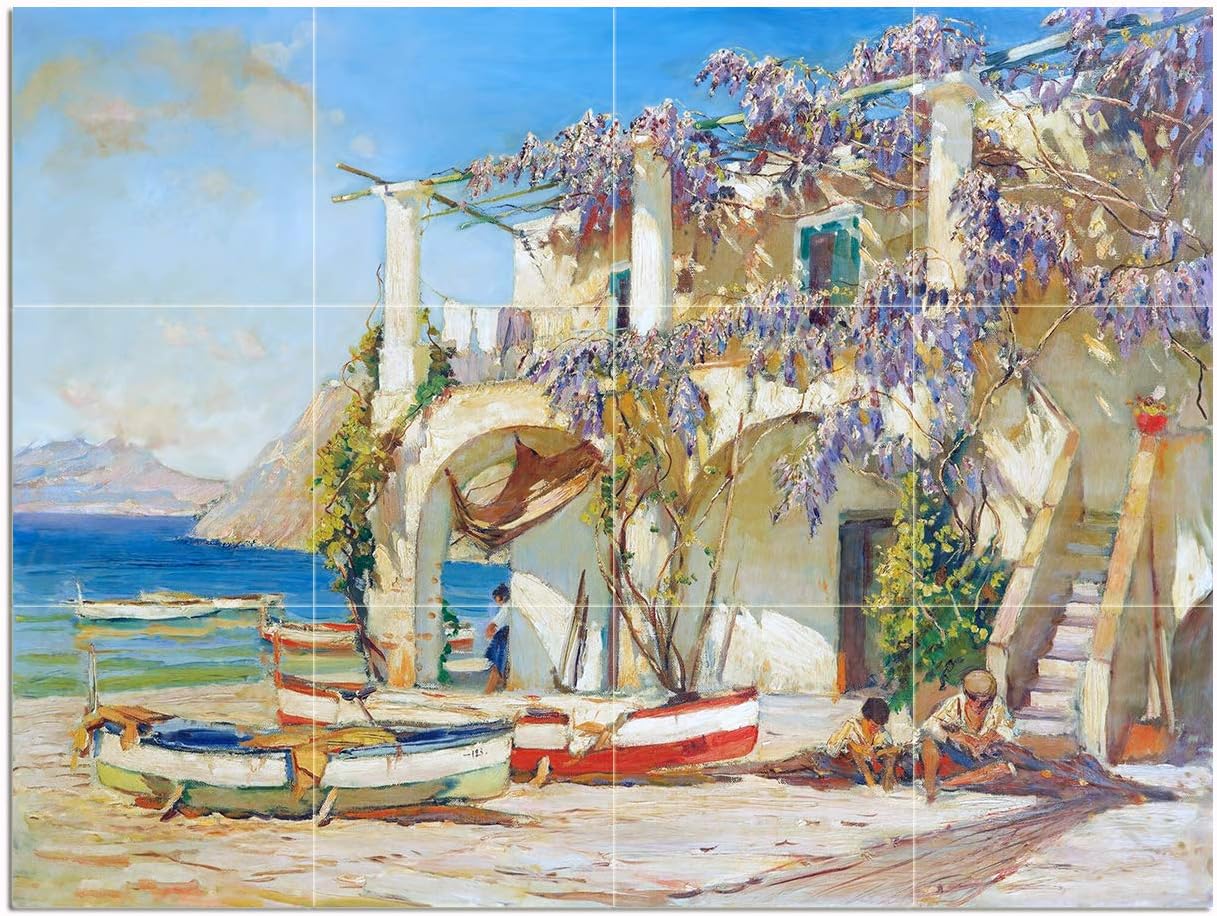 Capri by C. Westchiloff Sea Boats Tile Mural Kitchen Backsplash Marble Ceramic - Picture 13 of 27