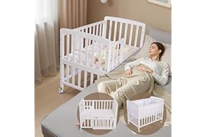 Flwrgirl Baby Bassinets Bedside Sleeper - Portable Pine Wood Bedside Bassinet,with Mattress and Breathable Liner,3 Heights Small Mini Crib,Baby Crib for Newborns 0-18 Months,White