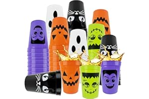 VDESFUEBY 30Pcs Halloween Party Plastic Cups 12Oz Reusable,Halloween Plastic Cups Funny Cartoon Expression Reusable Cup for Family Dinner Supplies