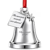 JUPPE 2026 Silver Christmas Bell Ornament with Snowflake Charm, Silver Metal Tag Engraved- The Sweetest Sounds are Shared, Red Ribbon (Silver 2)