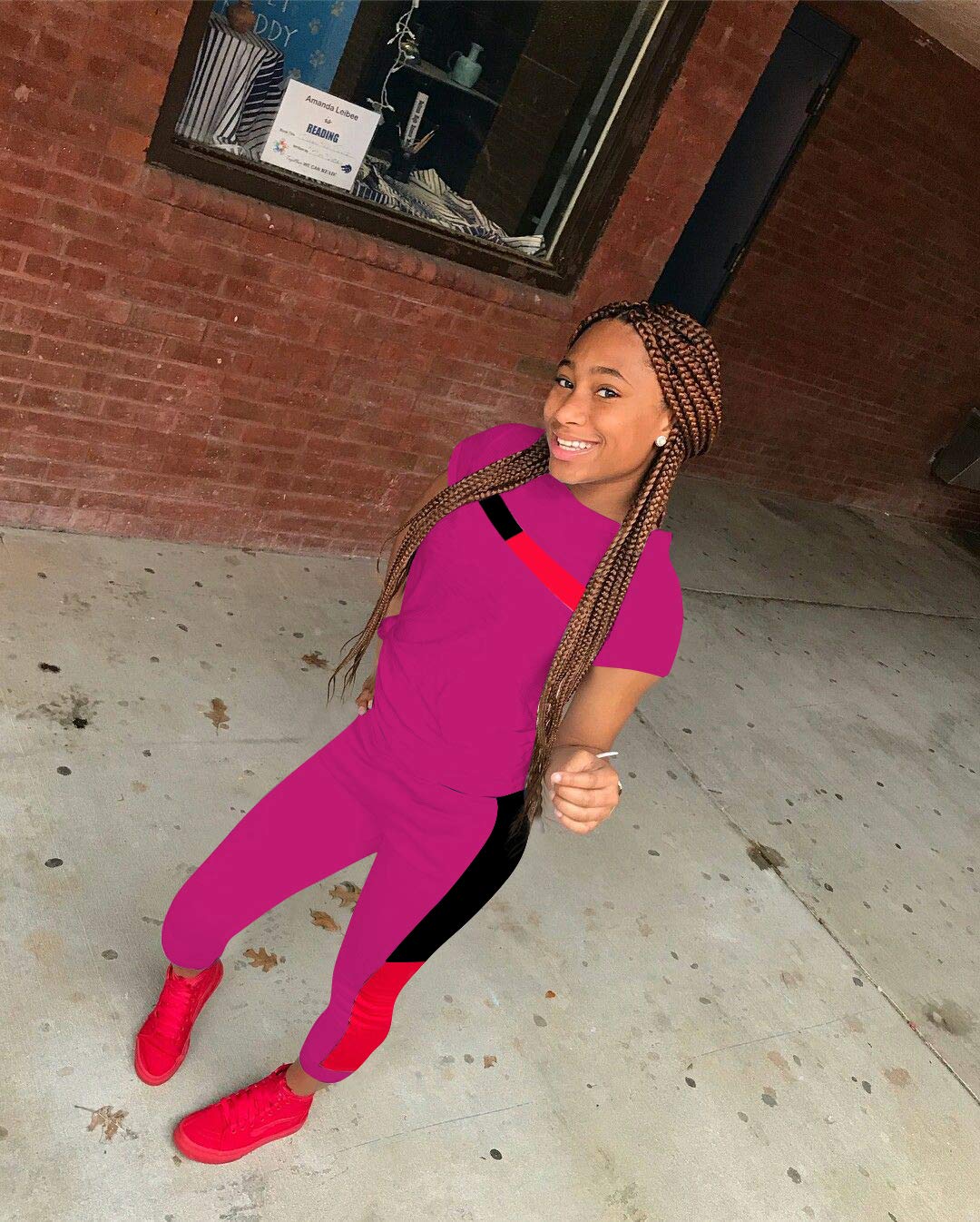 Womens Two Piece Tracksuit Set - Stripes Patchwork Crop Top + Skinny Long Pants Sweatsuits Jumpsuits Outfits X-Large Rose