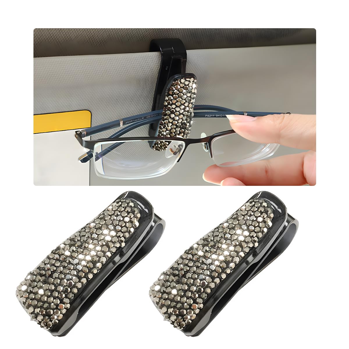 Photo 1 of Wevdn 2 PCS Car Sun Visor Glasses Holder, Fashion Bling Car Eyeglasses Sunglasses Hanger for Women Girls, Glasses Holder Clip Hanger Mount with Ticket Card Clip, Car Accessories (Bright Black)