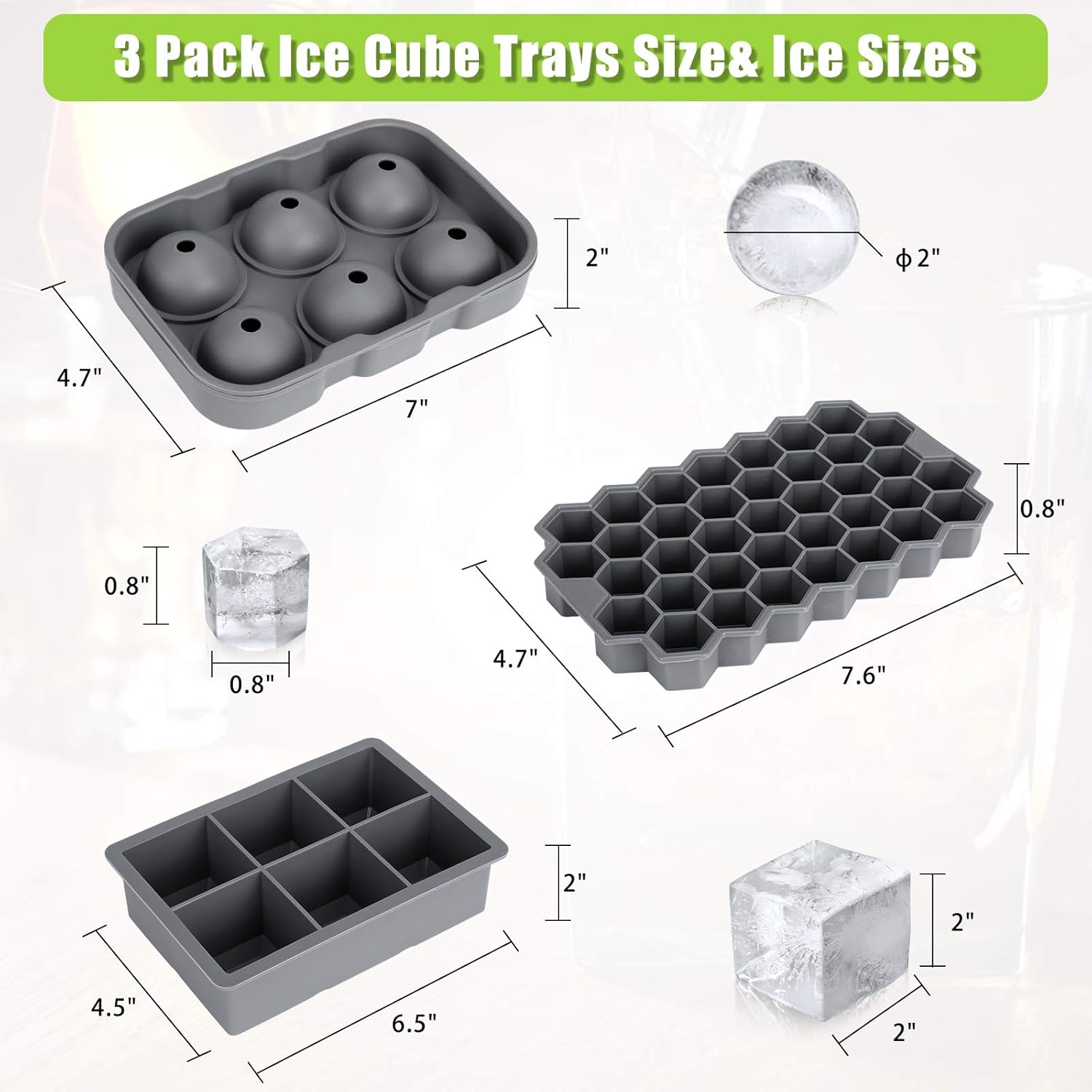 Ice Cube Tray, AiBast Ice Trays for Freezer With Lid, 3 Pack Silicone Large Round Ice Cube Tray, Sphere Square Honeycomb Ice Trays for Whiskey With Covers&Funnel, Reusable Whiskey Ice Ball Mold Grey: Kitchen & Dining