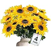 TURNMEON 28Pcs Sunflowers Artificial Flowers for Outdoors Spring Decor, 4 Pack Fake Flowers Silk Faux Sunflower Bouquet Arrangement for Vase Wedding Table Home Grave Cemetery Flowers Summer Decor