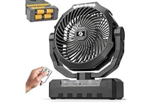 FRIZCOL Battery Operated Fan [200H Max], 2 IN 1 D-Cell Battery & USB Powered Fan, Portable Camping Fan with 4 Speeds, Light, Timer, Remote for Outdoor Tent, Travel, Picnic, Office, Bedroom - Black