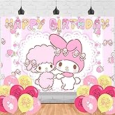 Cute Melodyy Birthday Party Backdrop, Cartoon My Pink Melodyy Birthday Party Decoration,Cartoon Birthday Banner Shoot Photo Backgrounds Props for Party 5x3ft