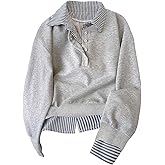Milumia Women's Striped Button Collared Sweatshirt Oversized Long Sleeve 2 in 1 Pullover Tops
