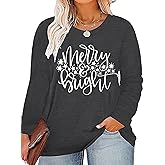 Plus Size Christmas Shirt Women Merry and Bright Long Sleeve Merry Christmas Long Sleeve Xmas T Shirts Tops