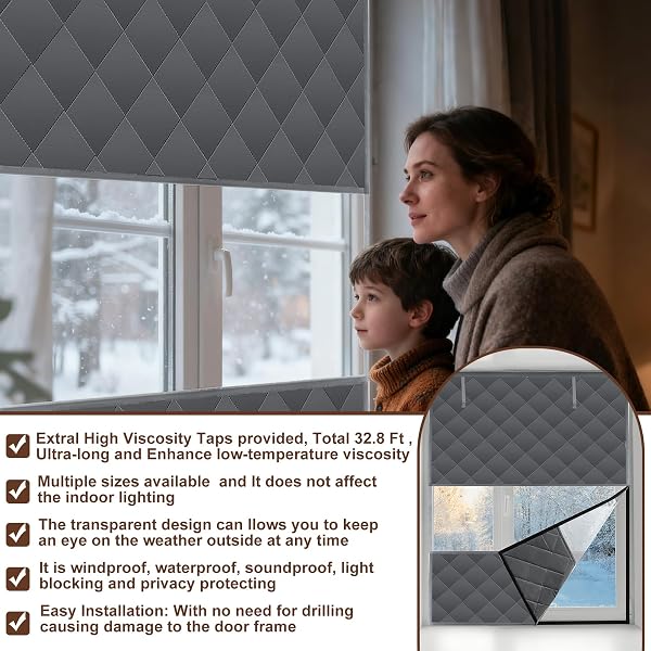 VISIBLE THERMAL WINDOW INSULATION KIT FOR WINTER, WINTERIZING INSULATED WINDOW COVER WATERPROOF OXFORD CLOTH COTTON LAYER REUSABLE INSULATED CURTAIN BLANKET COLD PROTECTOR FOR HOME ATTIC RV KEEP WARM